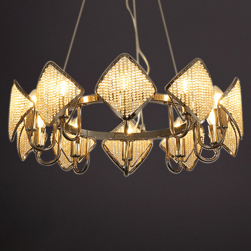 Postmodern Ring Ceiling Chandelier With Rhombus Crystal Shade - Elegant Metal Living Room Light