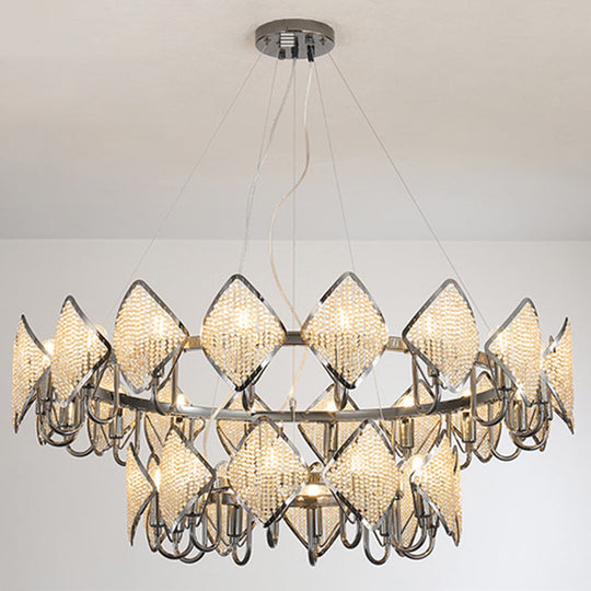 Postmodern Ring Ceiling Chandelier With Rhombus Crystal Shade - Elegant Metal Living Room Light