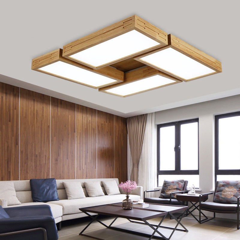 Minimalist Wood Ceiling Mounted Light With Acrylic Diffuser - Beige Rectangle Shape 1/4 Lights