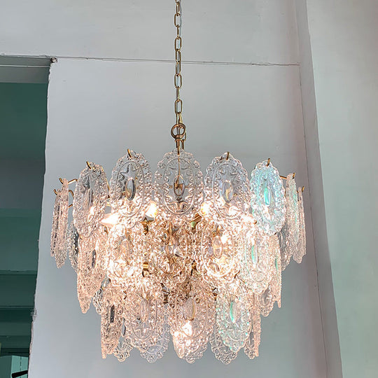 Postmodern Gold Crystal Ceiling Chandelier For Living Room - Elegant Tiered Carved Design