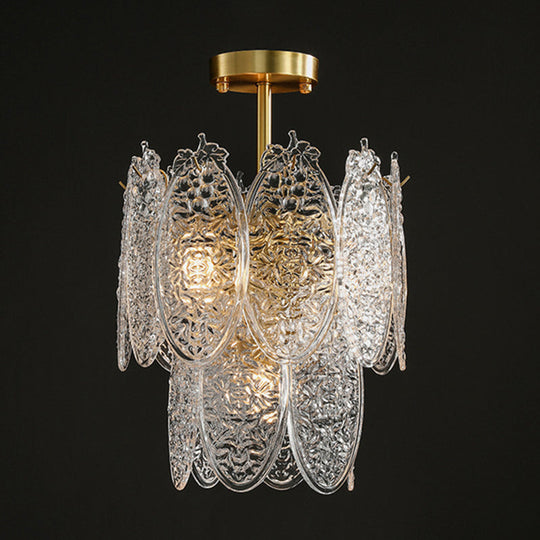 Modern Oval Chandelier Pendant Light In Textured Glass - Gold 4 /