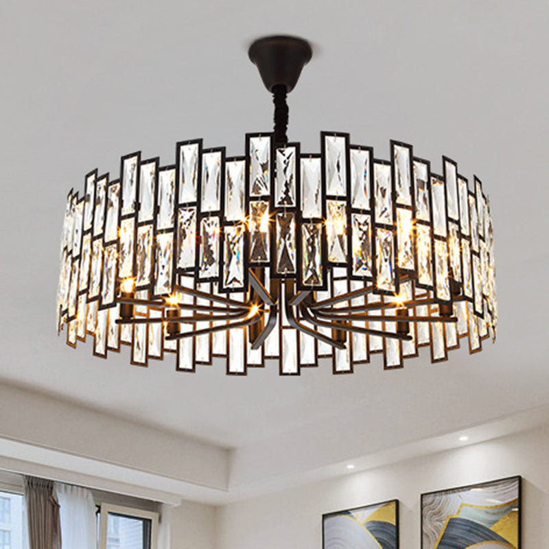 Minimalist Black Crystal Chandelier Pendant Light For Living Room - Drum Shaped Beveled Design