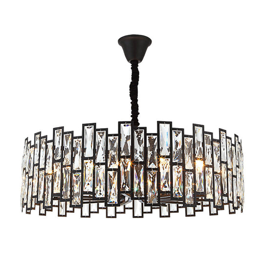 Minimalist Black Crystal Chandelier Pendant Light For Living Room - Drum Shaped Beveled Design
