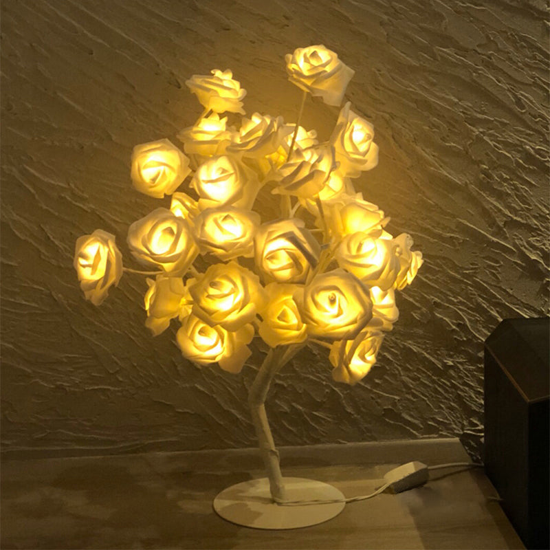 Tree Branch Usb Table Lamp With Led Nightstand Light And Decorative Rose For Bedroom Decor White /