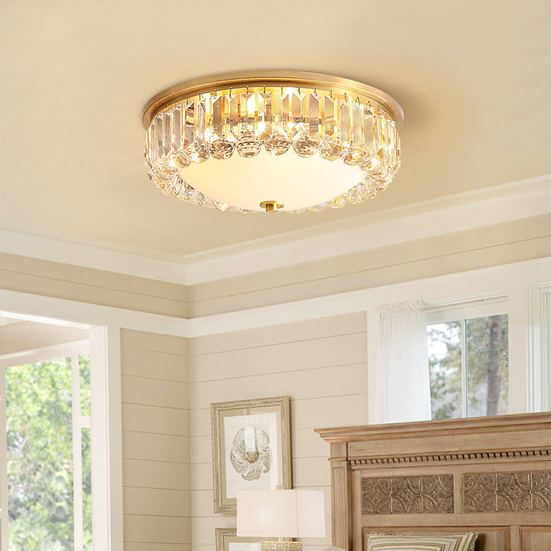 Gold Milk Glass Dome Ceiling Mount Light With Crystal Accent - Postmodern 4 - Bulb Flush Lamp
