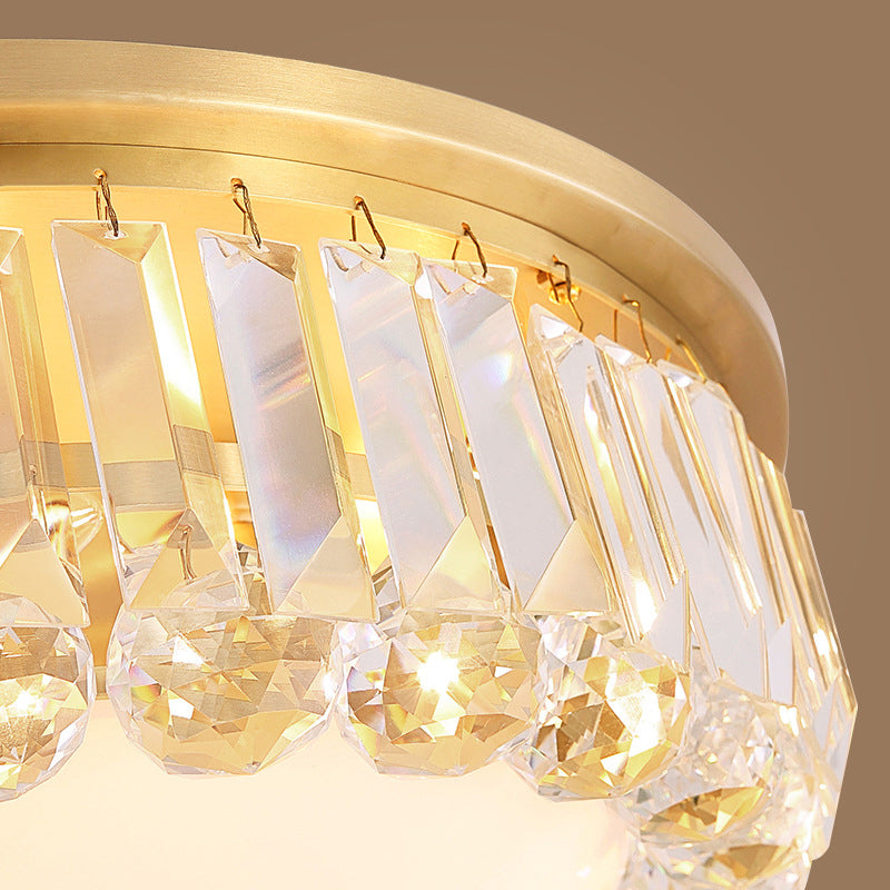 Gold Milk Glass Dome Ceiling Mount Light With Crystal Accent - Postmodern 4-Bulb Flush Lamp