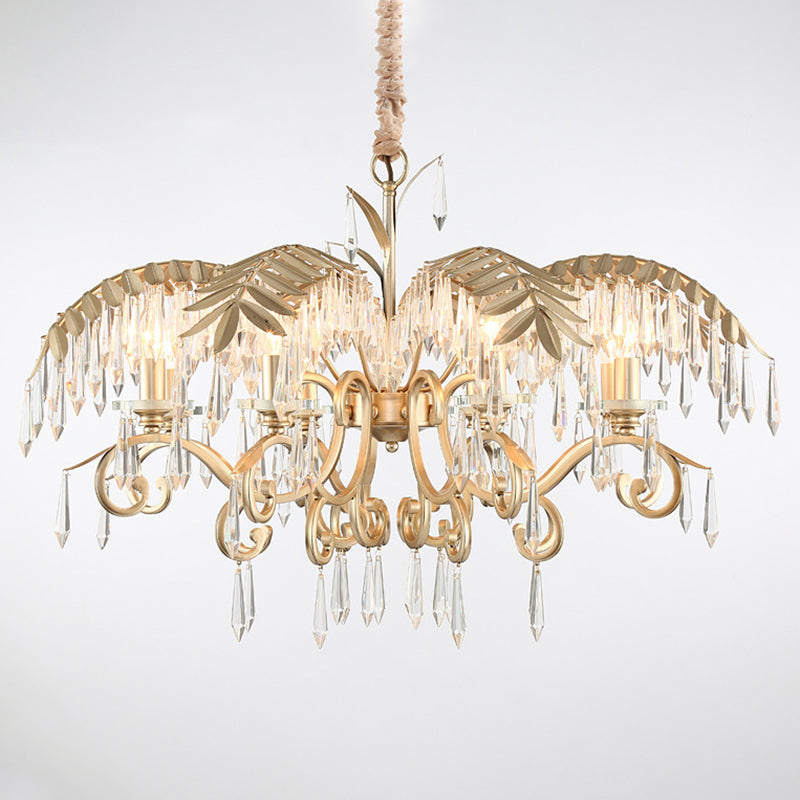 Gold Colonial Style Crystal Palm Leaf Chandelier Elegant Dining Room Suspension Lamp