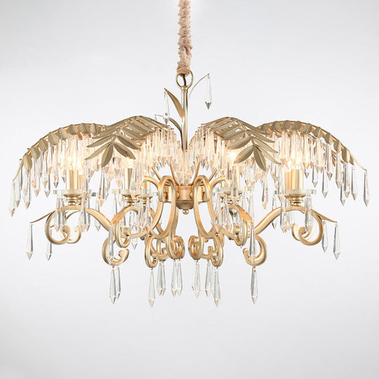 Gold Colonial Style Crystal Palm Leaf Chandelier Elegant Dining Room Suspension Lamp