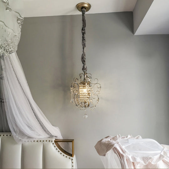 French Country Metal Scroll Bedside Pendant Light With Crystal Bead