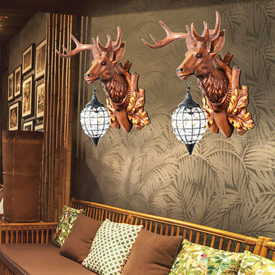 Rustic Resin Deer Head Bistro Wall Sconce: Single Mount Light With Crystal Oval Shade