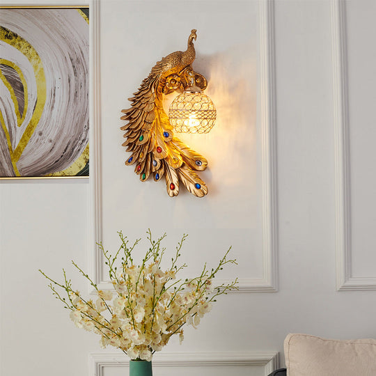 Farmhouse Resin Peacock Wall Sconce With Crystal Hemisphere Shade & 1 Bulb Gold / Left