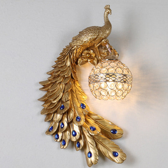 Farmhouse Resin Peacock Wall Sconce With Crystal Hemisphere Shade & 1 Bulb