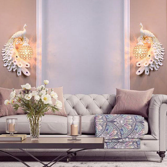 Farm Style Peacock Wall Lamp With Dome Crystal Shade - Resin Sconce Lighting White / Left