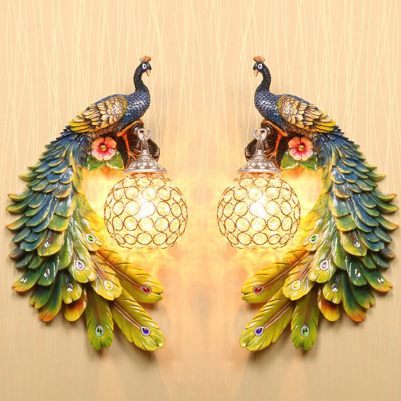 Farm Style Peacock Wall Lamp With Dome Crystal Shade - Resin Sconce Lighting Multi-Color / Left