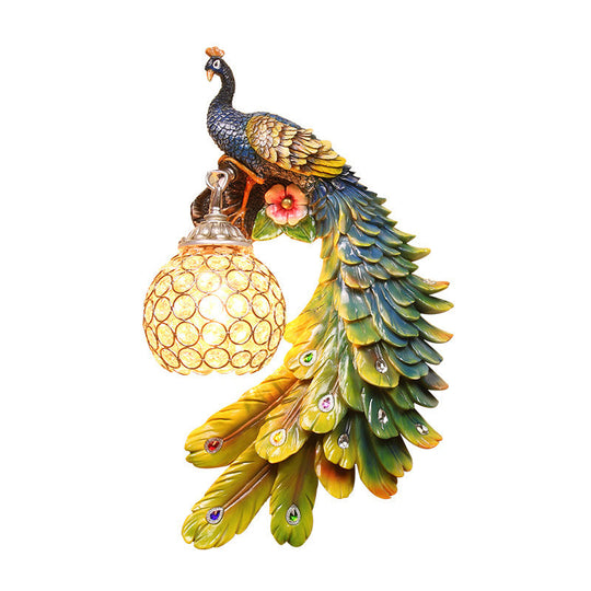 Farm Style Peacock Wall Lamp With Dome Crystal Shade - Resin Sconce Lighting Multi-Color / Right