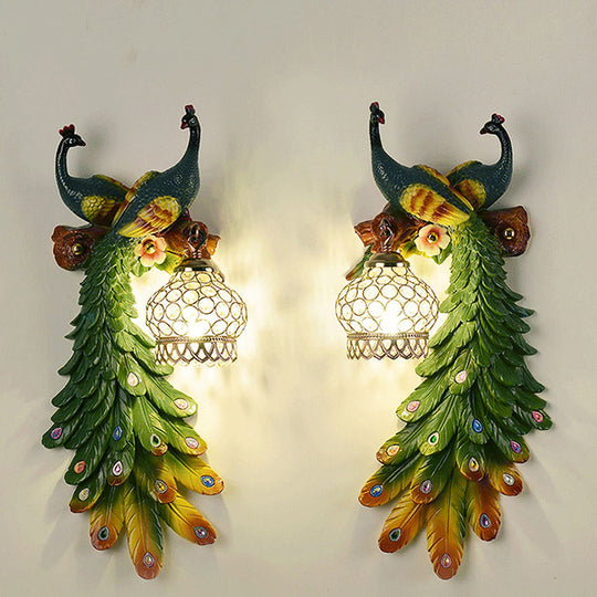 Rustic Crystal-Encrusted Lantern Wall Lamp: Multicolored Peacock Deco 1-Light Sconce For Living Room