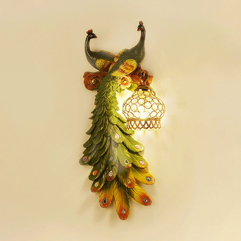 Rustic Crystal-Encrusted Lantern Wall Lamp: Multicolored Peacock Deco 1-Light Sconce For Living Room