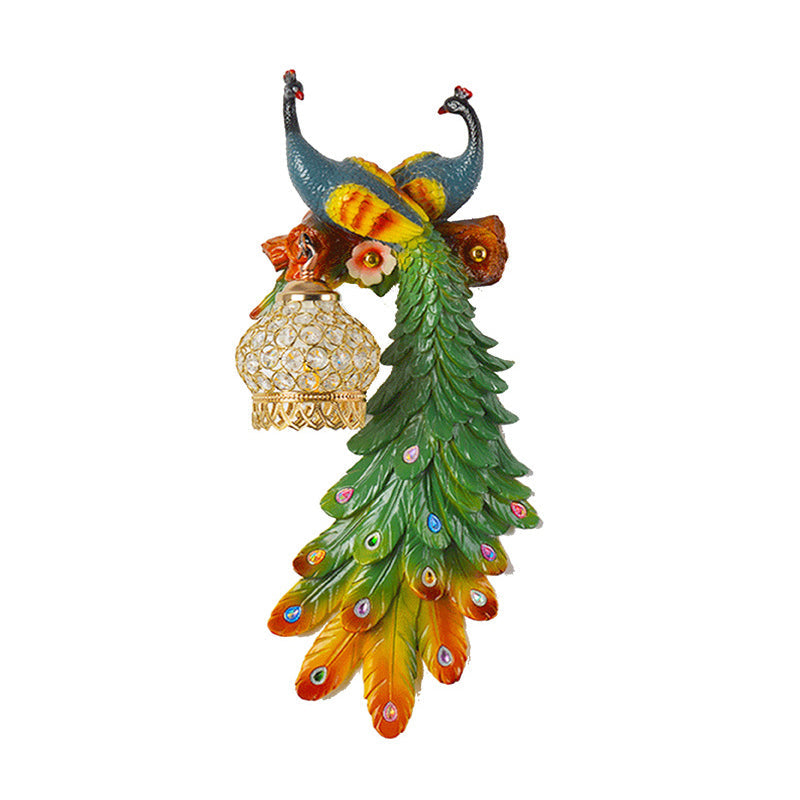 Rustic Crystal-Encrusted Lantern Wall Lamp: Multicolored Peacock Deco 1-Light Sconce For Living Room