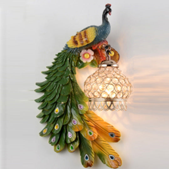 Rustic Crystal-Encrusted Lantern Wall Lamp: Multicolored Peacock Deco 1-Light Sconce For Living Room