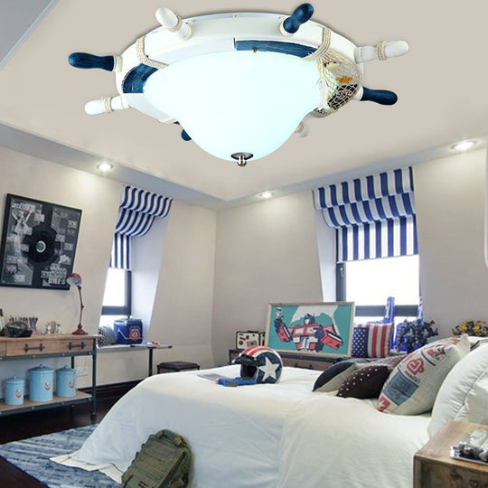 Cartoon Style Rudder Flush Ceiling Light - Led Metal Lamp For Childrens Room White/Blue With Frosted