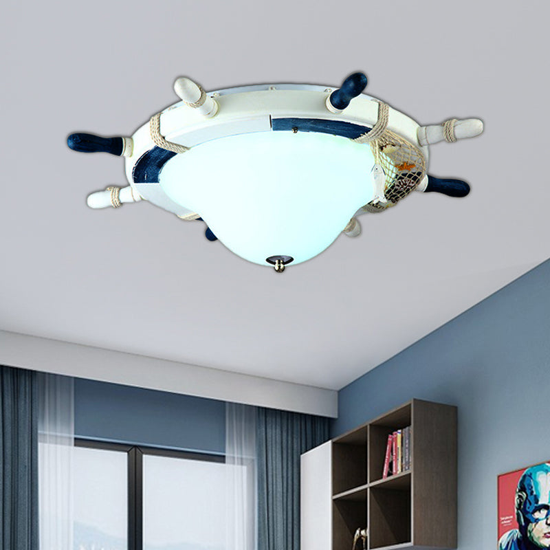 Cartoon Style Rudder Flush Ceiling Light - Led Metal Lamp For Children’s Room White/Blue With