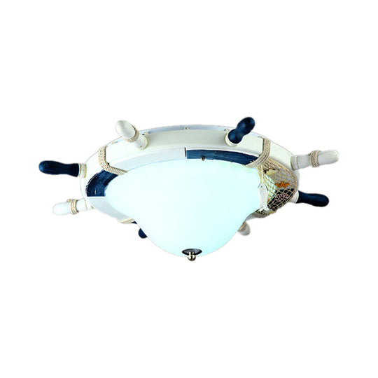 Cartoon Style Rudder Flush Ceiling Light - Led Metal Lamp For Childrens Room White/Blue With Frosted
