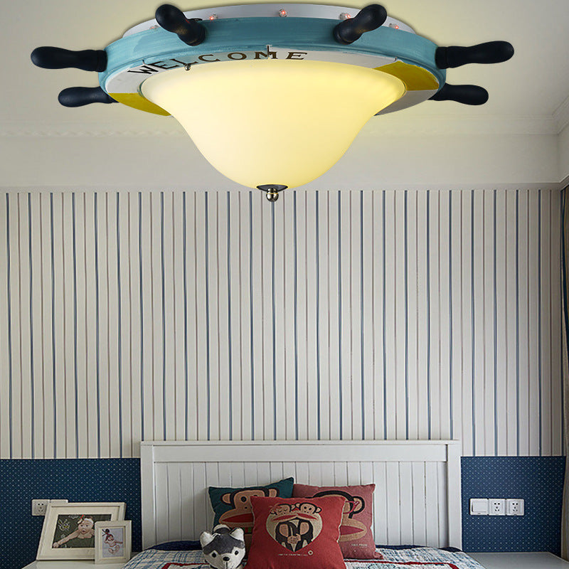 Cartoon Style Rudder Flush Ceiling Light - Led Metal Lamp For Children’s Room White/Blue With