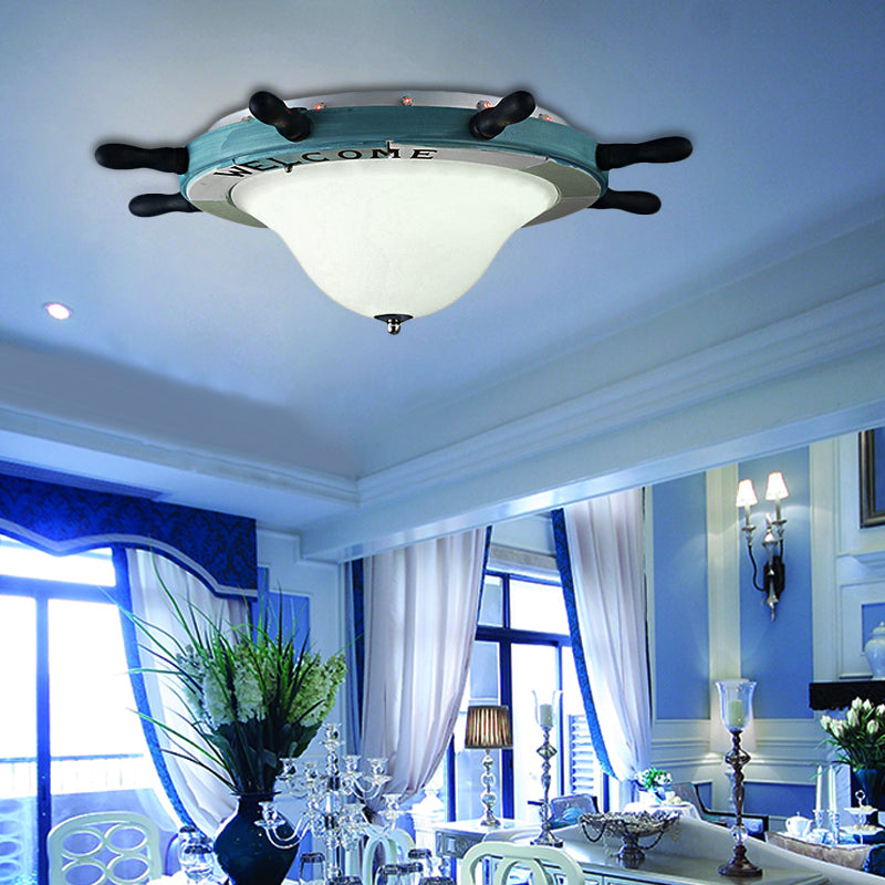 Cartoon Style Rudder Flush Ceiling Light - Led Metal Lamp For Childrens Room White/Blue With Frosted