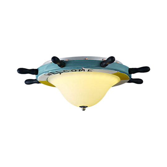 Cartoon Style Rudder Flush Ceiling Light - Led Metal Lamp For Childrens Room White/Blue With Frosted