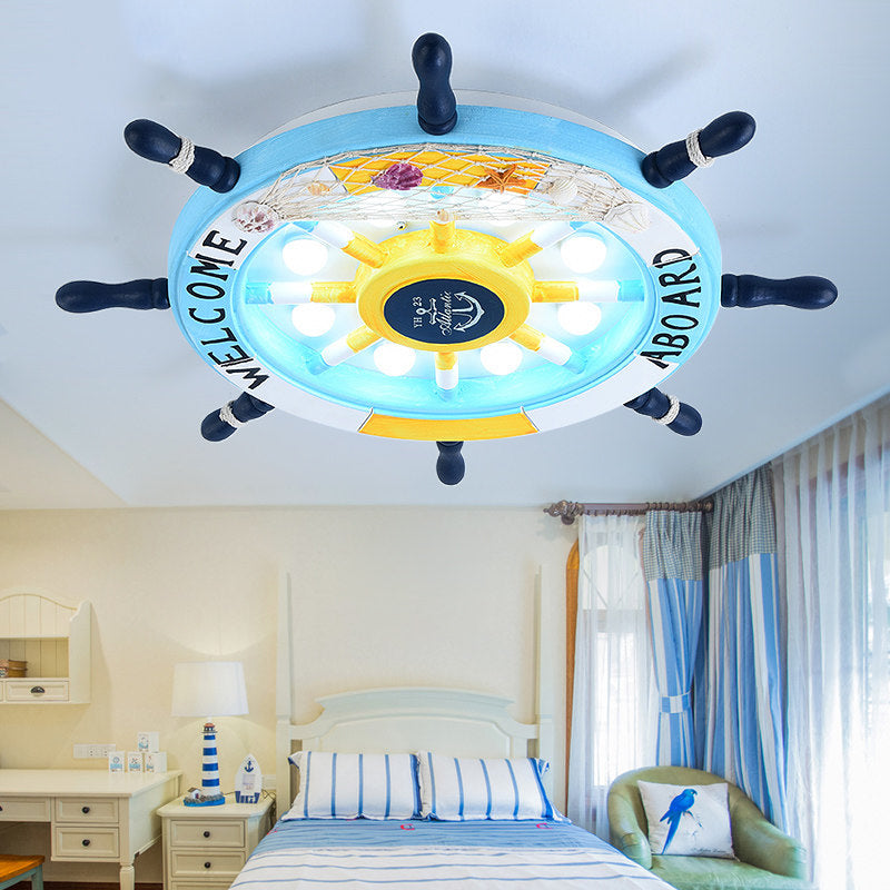 Stylish Wooden Rudder Led Ceiling Light Fixture In Sky Blue/White - Flush Mount