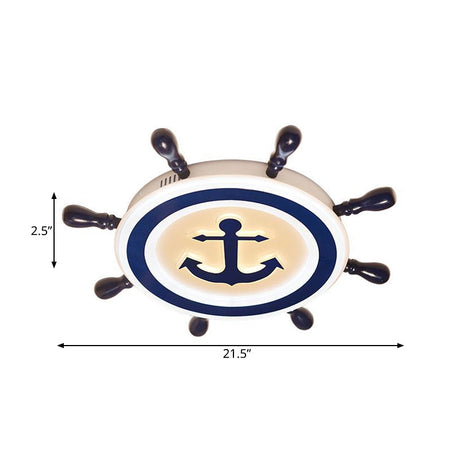 Cartoon Style Blue Round Led Flush Mount Light Fixture With Wood And Acrylic Accents Rudder Design