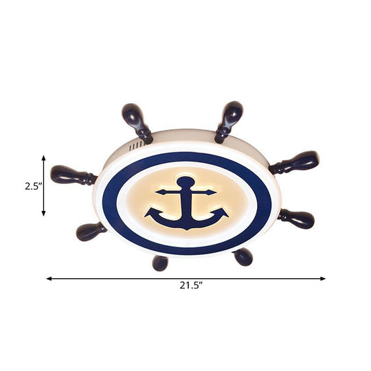 Cartoon Style Blue Round Led Flush Mount Light Fixture With Wood And Acrylic Accents Rudder Design