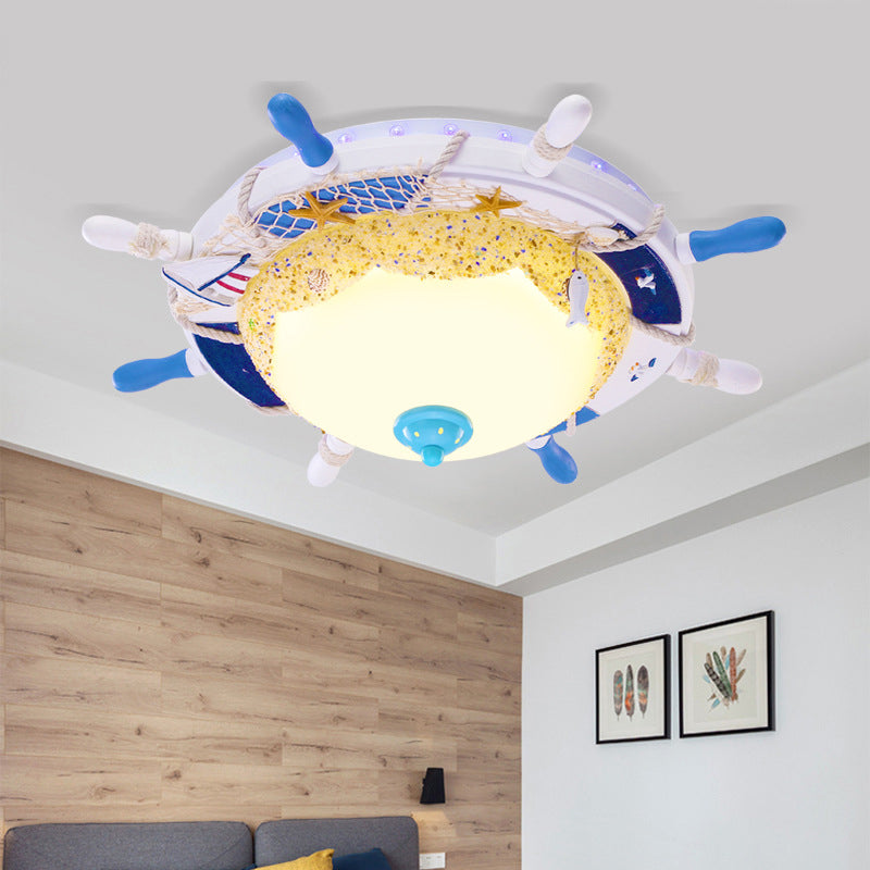 Contemporary Led Metal Flush Mount Lamp For Children’s Room - Blue Rudder Shade With Frosted Glass