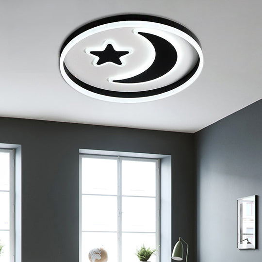 Cartoon Style Round Acrylic Ceiling Mount Led Lamp In Warm/White Light For Bedroom - Black/White
