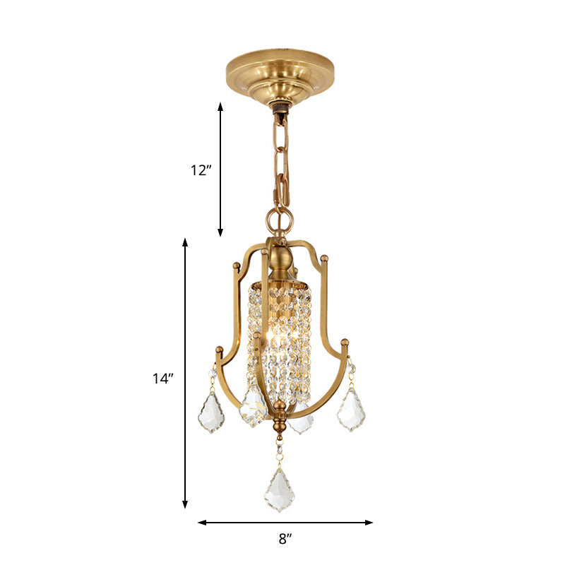 Vintage Metal Lantern Frame Pendant Ceiling Light with Crystal Accent Brass Finish Brass