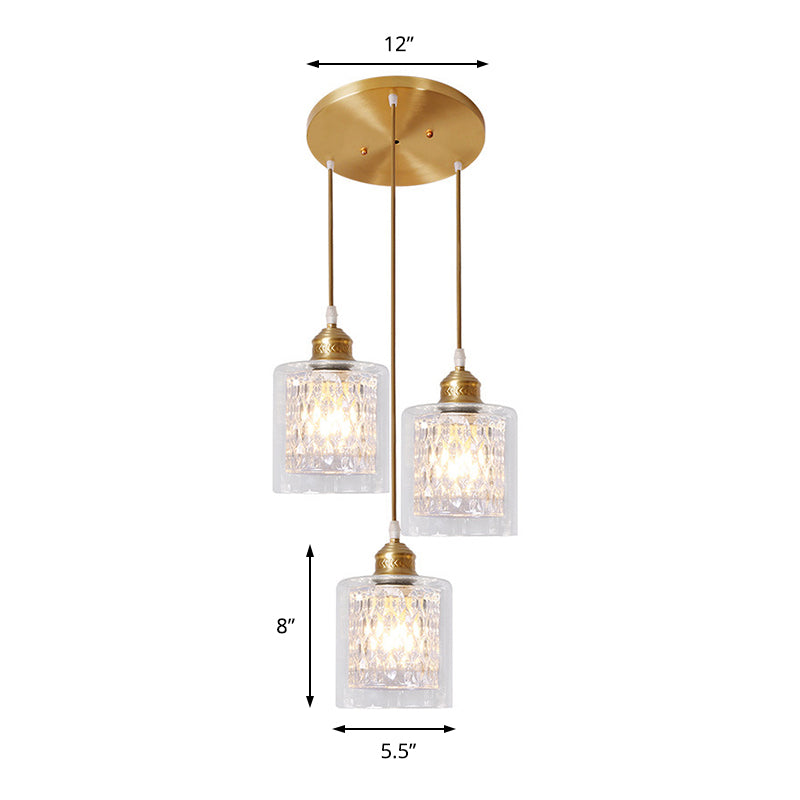 Modern Brass Cylinder Pendant Light With Prismatic Glass Shade - 3 Lights Linear/Round Canopy