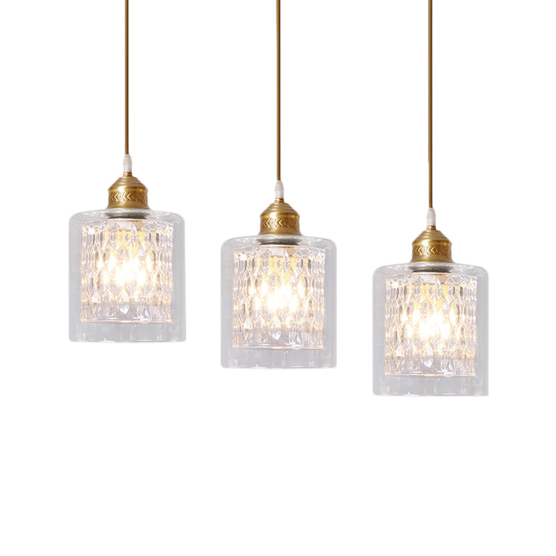 Modern Brass Cylinder Pendant Light With Prismatic Glass Shade - 3 Lights Linear/Round Canopy