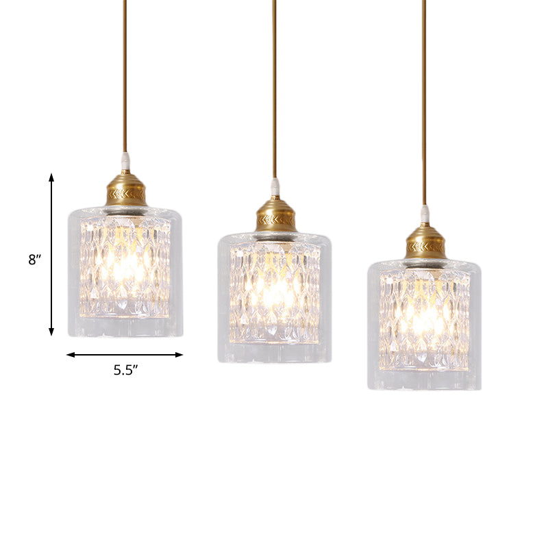 Modern Brass Pendant Light With Prismatic Glass Shade - 3 Lights Cylinder Design