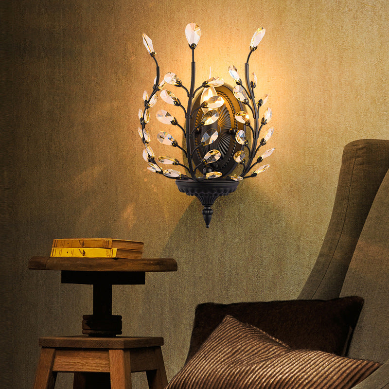 Vintage Metal Flower Wall Sconce With Crystal Leaf Decoration Black