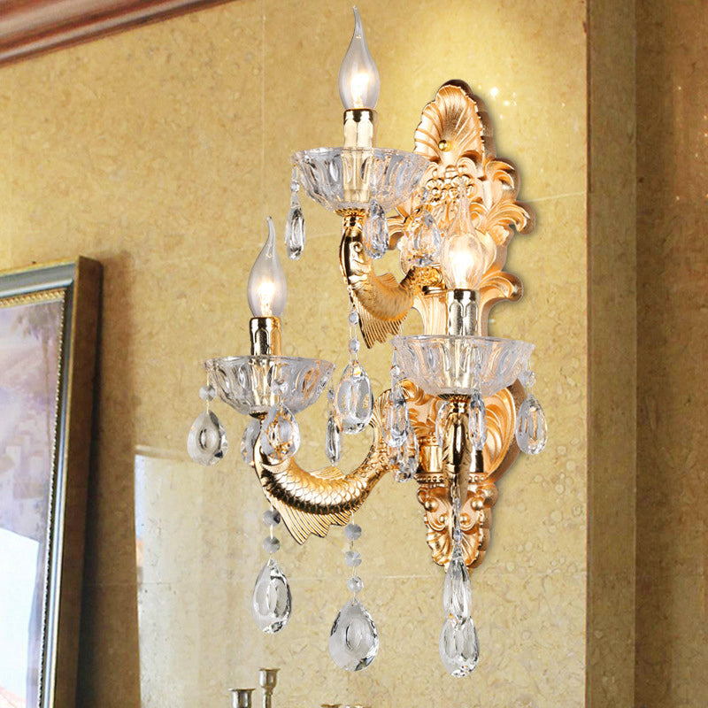 Contemporary Crystal Candelabra Wall Lamp - 2-Light Gold Corridor Mount Light