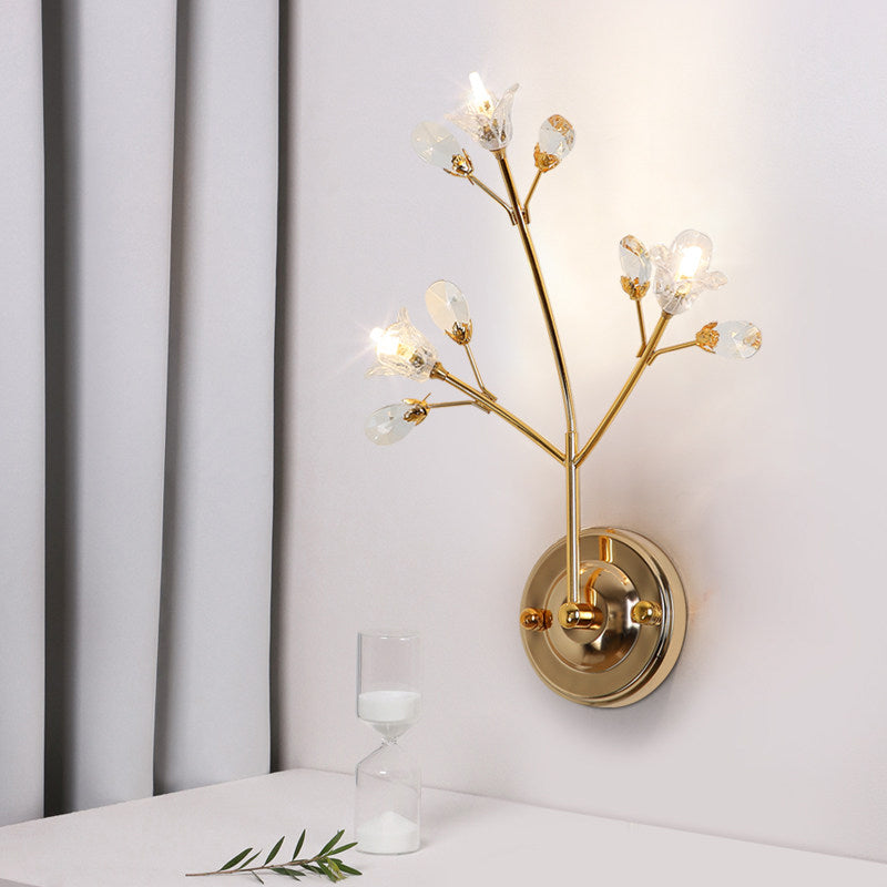 Gold Wall Sconce With Crystal Flowers And Leaves 3 Lights Simple Style