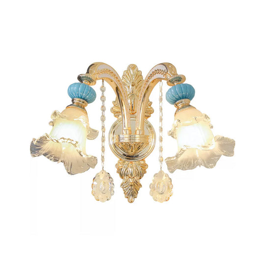 Nordic White Glass Flower Wall Mount Light With Crystal Drop - Gold Accent Ideal For Bedroom 1/2