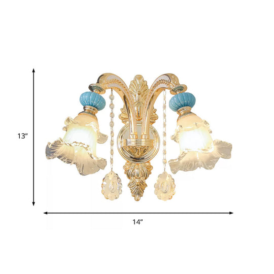 Nordic White Glass Flower Wall Mount Light With Crystal Drop - Gold Accent Ideal For Bedroom 1/2