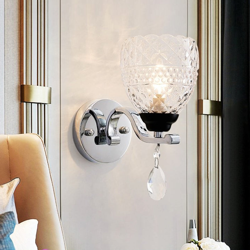 Contemporary Textured Glass Wall Mount Sconce Light With Teardrop Crystal Drop - Chrome Finish