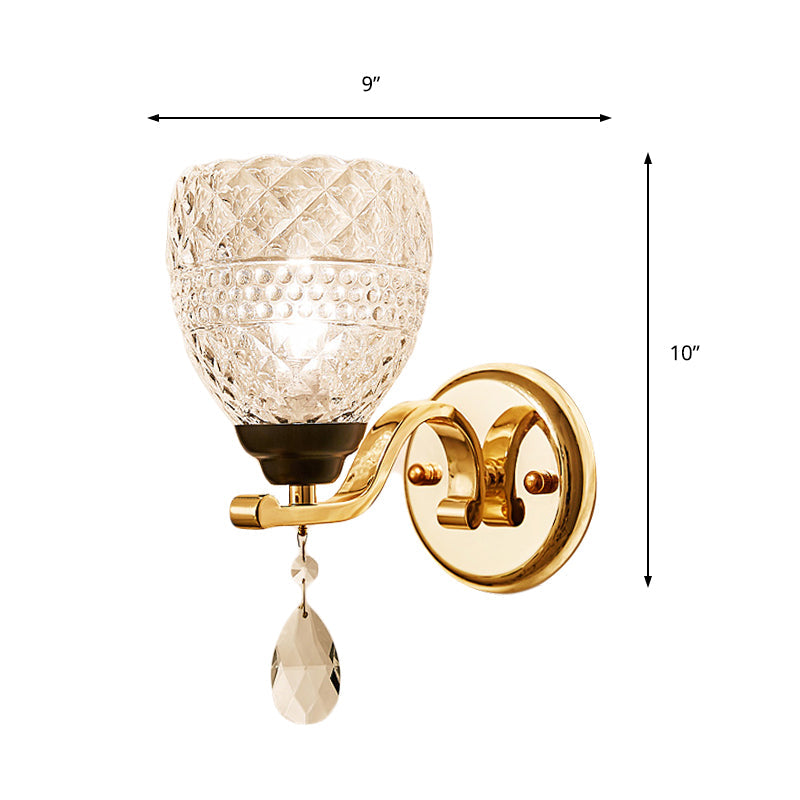 Contemporary Textured Glass Wall Mount Sconce Light With Teardrop Crystal Drop - Chrome Finish