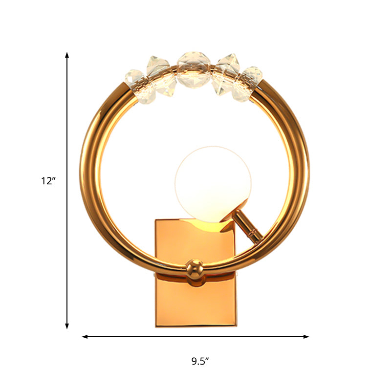 Simple Gold Ring Wall Sconce With Crystal Accent - 1 Light Metal Mount