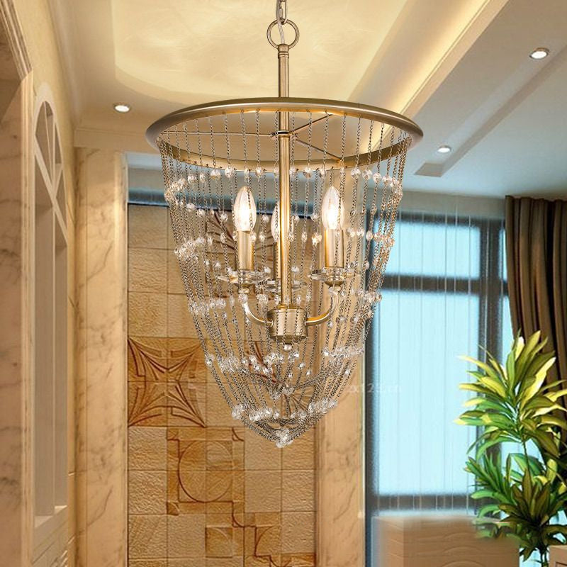 Modern Gold Wire Mesh Chandelier With Crystal Accent - 3 Lights Pendant