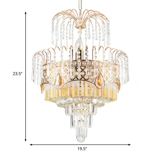 Modern Gold Chandelier Light With Layered Crystal Shade - 3/7 Lights 18’/19.5’ Wide Dining Room
