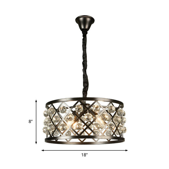 Metal And Crystal Round Ceiling Chandelier - 4-Light Black Lamp For Dining Room