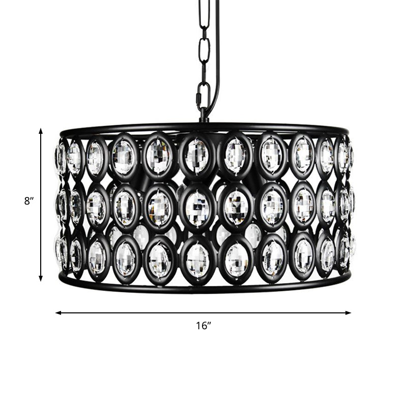 Vintage Black Drum Ceiling Lamp: Metal And Crystal Chandelier With 3 Lights For Living Room
